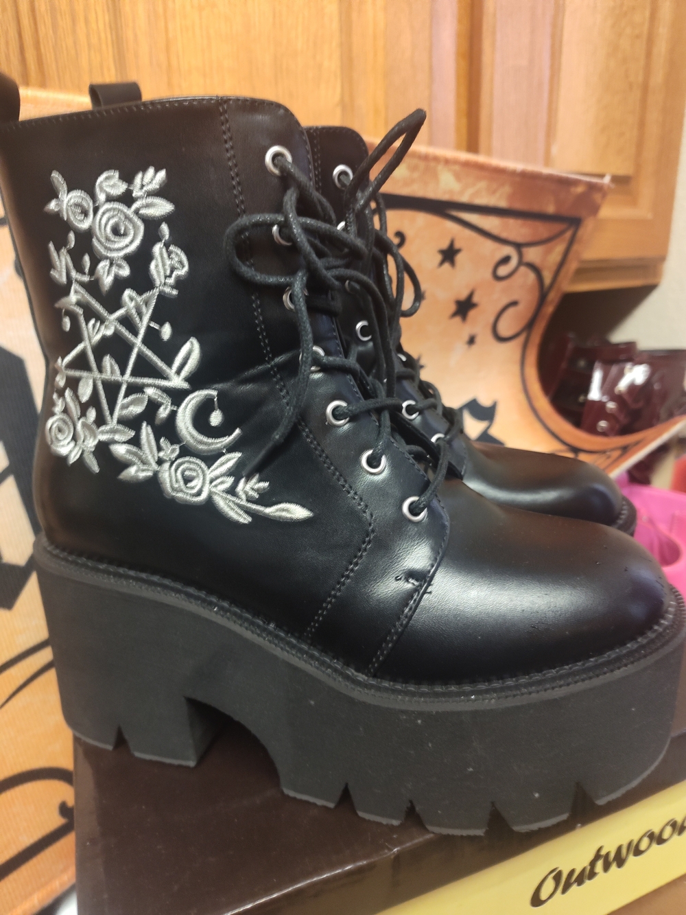 Black Embroidered Platform Lace-Up Boots Size 7